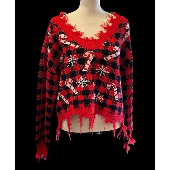 Derek Heart Distressed Cropped V Neck Sweater Junior Size L Plaid Candy Cane - Picture 7 of 16